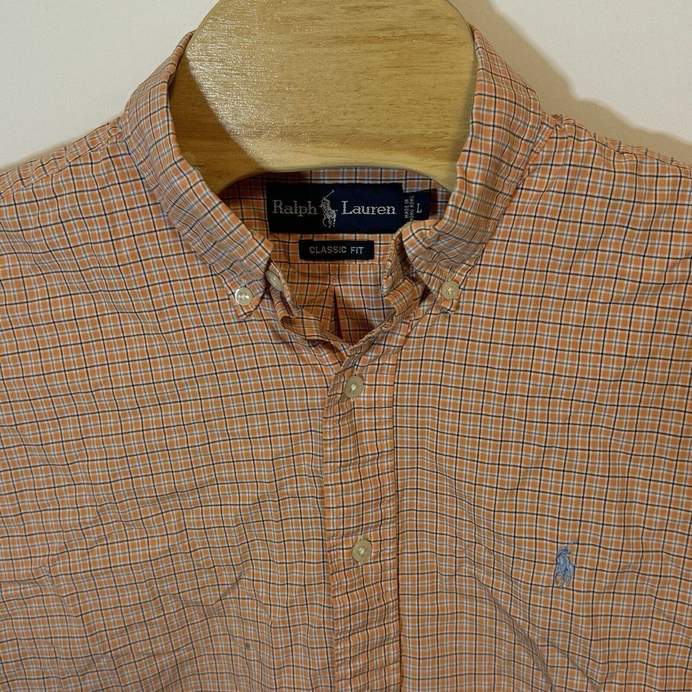 Ralph‎ Lauren Large Men's Classic Orange Plaid Short Sleeve Button Shirt
